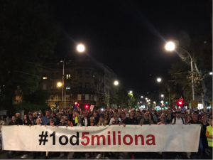 Protestors under the bannder 'Onein five million' demonstrate every weekend in the Serbian capital Belgrade.